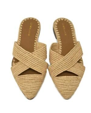 Le Mogador Azoulay Mules in Nude Tan Raffia 38 Pointed Toe Cut Out Flat